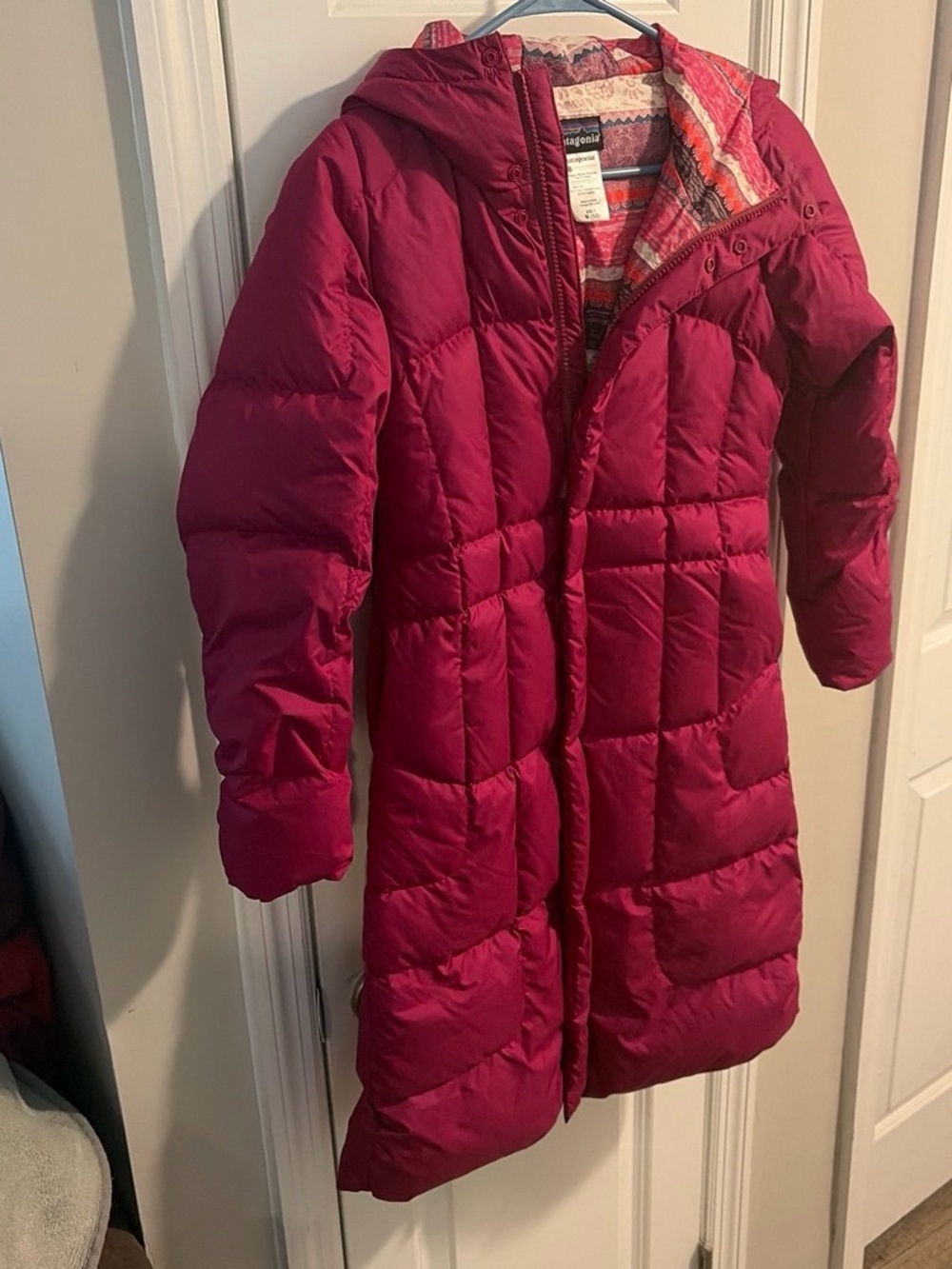 Patagonia Raspberry Red Long Hooded Puffer Coat